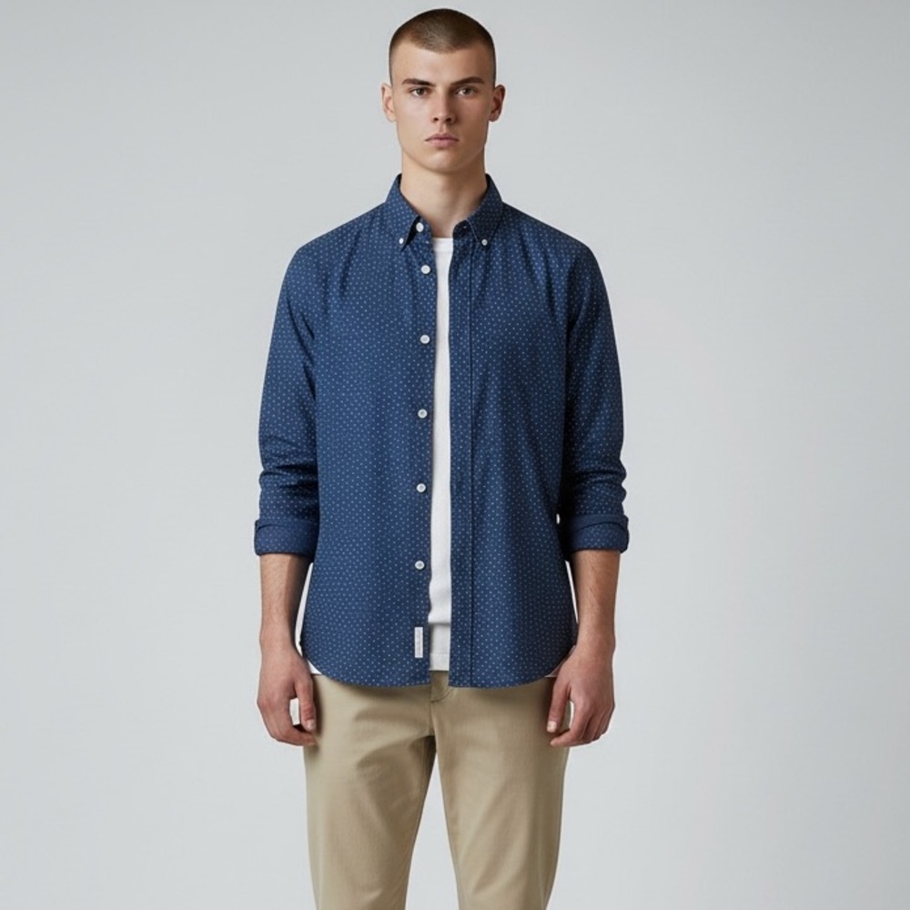 J.Crew Mercantile Flex Button-Up Shirt Men’s Size S Blue Ditsy‎ Numerical Print